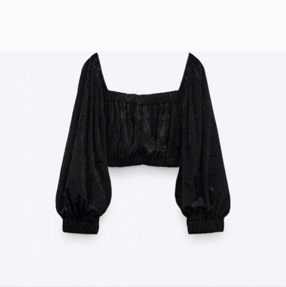 Zara Black Crushed Velvet Long Sleeve On or Off The Shoulder Crop Top - Size XS - Picture 3 of 8